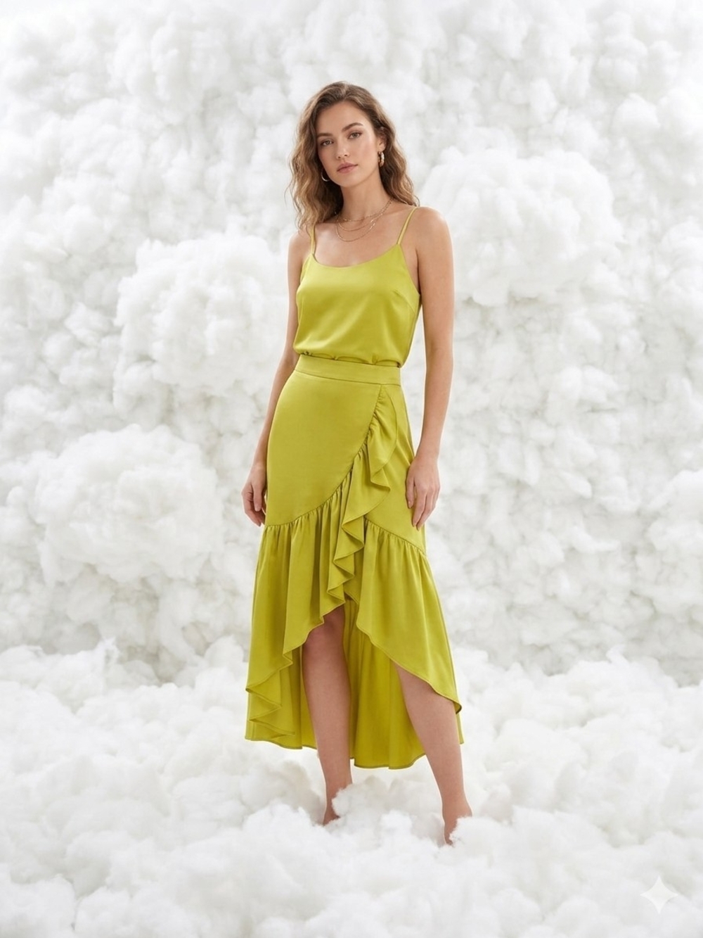 Lulumari Chartreuse Ruffle High-Low Skirt